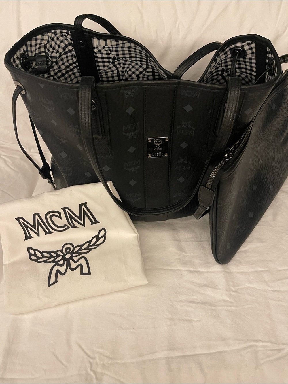 MCM Black Monogram Leather Tote with Metal Plaque